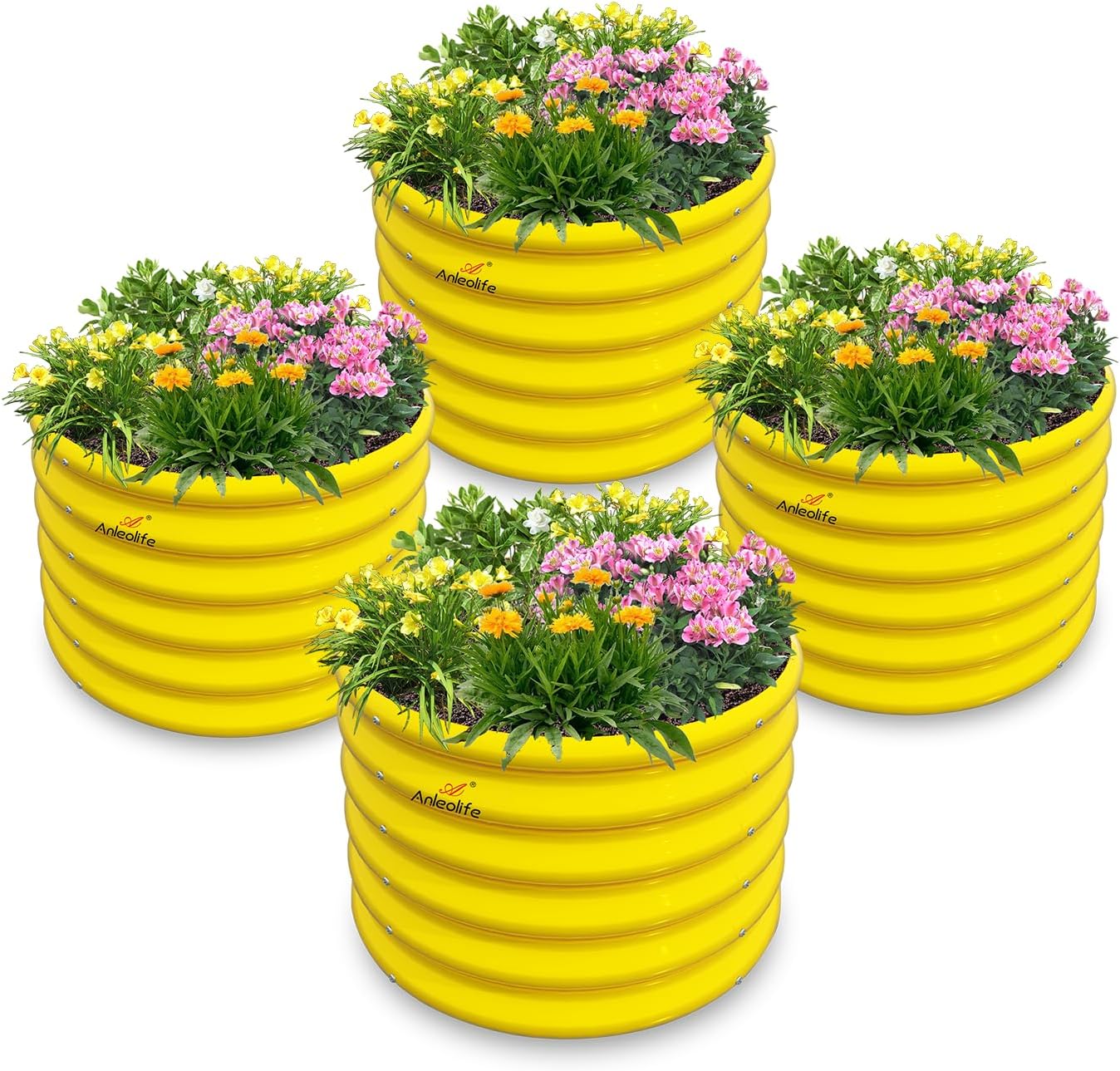 A ANLEOLIFE Kids Raised Garden Beds Outdoor (4-Pack)-24x24x18in Round Galvanized Metal Planter Box for Planting Vegetables, Flowers, Fruits, Eco-Safe & Easy Setup, Sunlit Gold