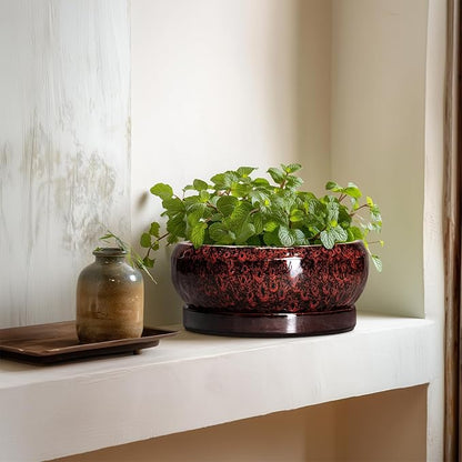 Bonsai Pots - 8 Inch Ceramic Succulent Planters for Indoor Outdoor, Round Shallow Planters with Drainage Hole and Saucer, Succulent Planter Bowl, Home Decor, Housewarming Gifts, Red