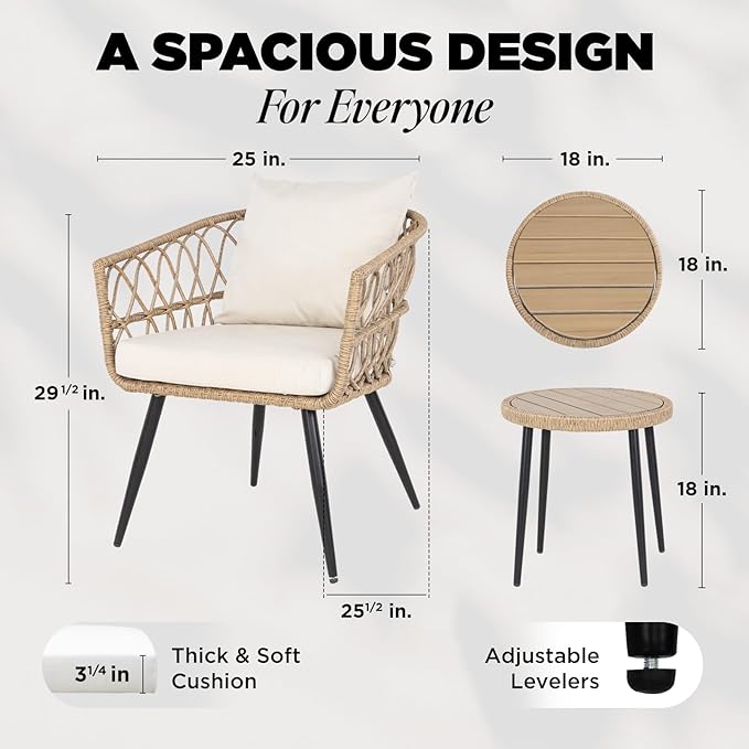 IDZO Heavy Duty 500lbs Weight Capacity Wicker Bistro Table and Chairs Set of 2 with Olefin Fabric Soft Cushions