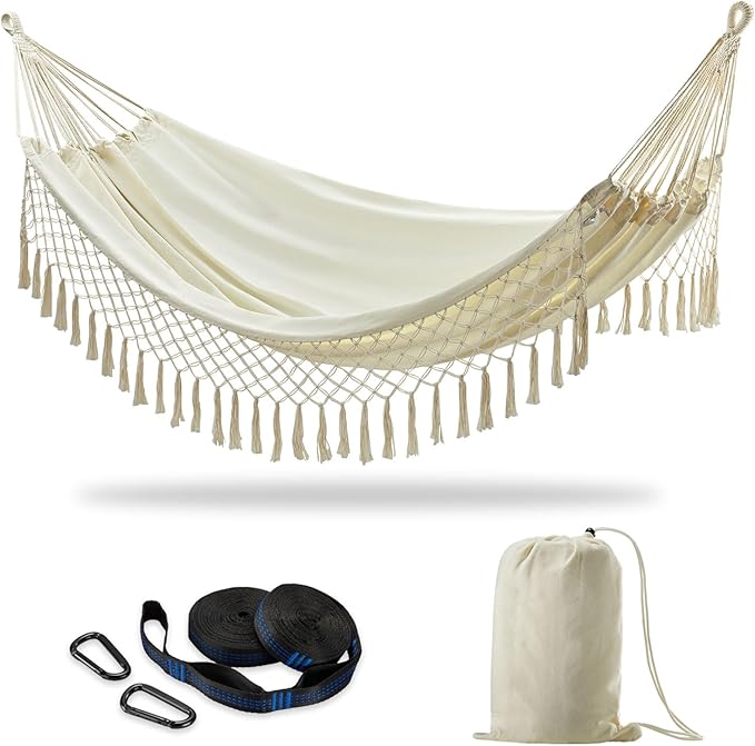 Brazilian Double Hammock with Tree Straps,Extra Large 94x63IN,2 Persons Hammock for Backyard Patio Outdoor Indoor,450lbs Weight Capacity,Soft Woven Cotton Fabric - Natrual White with Tassels