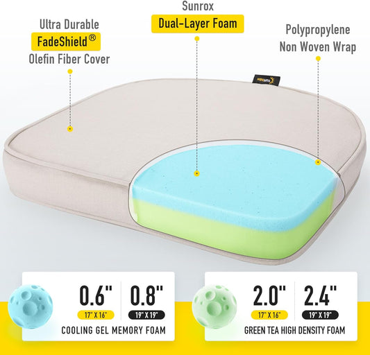 SUNROX Gel Memory Foam Chair Cushions, FadeShield Water-, Stain-Resistant Durable Reversible Seat Cushion Pads with Ties for Indoor/Outdoor Kitchen Dining Office, 19"x19", Set of 4, Cream