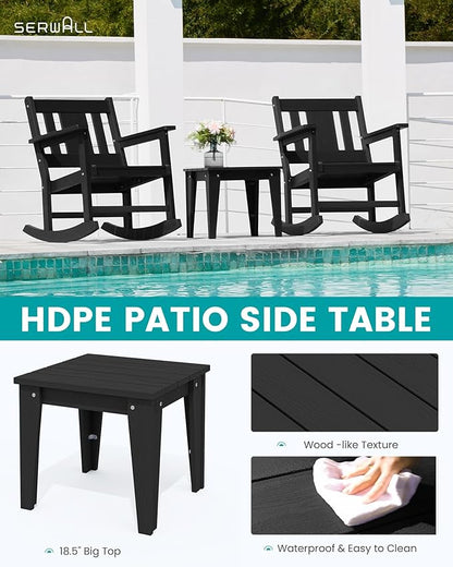 SERWALL 3 Piece Rocking Bistro Set, HDPE Patio Furniture Set with Bistro Table and Chairs for Backyard,Porch, Poolside, Balcony, and Garden- Black