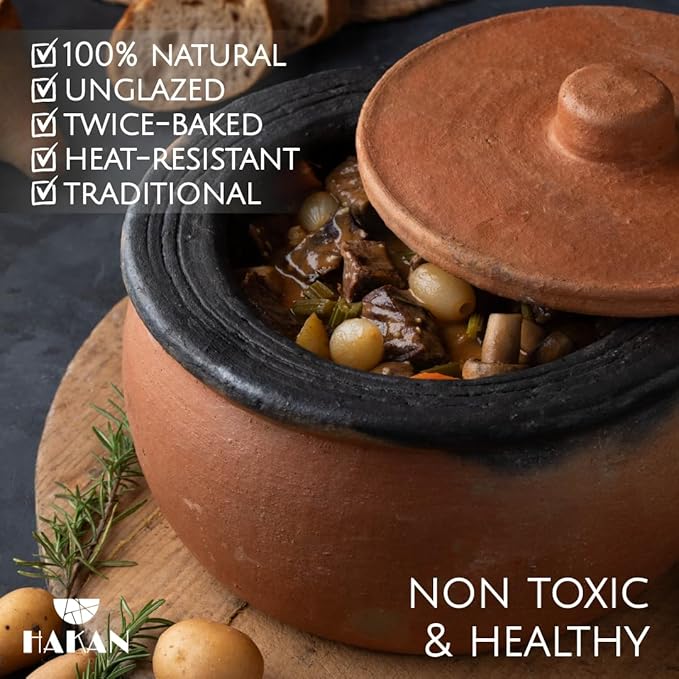 Hakan Efes Terracotta Cooking Pot with Lid, LARGE 4.4 Quarts Clay Pots for Cooking, Rice Pots, UNGLAZED Twice Baked Traditional Casserole for Cooking on STOVE Top, Vintage Roaster, 142 oz (4.2 L)