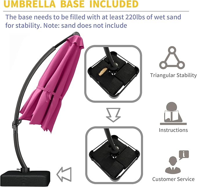 Kingdura 11ft Offset Cantilever Patio Umbrella with Base Included, Large Round Aluminum Outdoor Umbrella, 360° Rotation & Infinite Tilt, Heavy Duty Frame for Deck Pool Backyard, Rose Pink