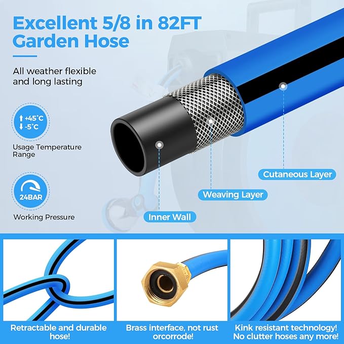 Retractable Garden Hose Reel, 1/2" x 100FT + 6.6FT Automatic Retractable Water Hose Reel Wall Mount, with 10- Function Sprayer Nozzle, Any Length Lock/Auto Rewind/180°Swivel