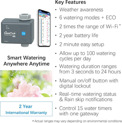 LinkTap G1S Wireless Water Timer & Gateway - Smart Sprinkler Timer with App, Remote Irrigation for Garden, Weather Aware, Greater Range than WiFi, Manual Control & Digital Lockout, 2 Year Battery Life