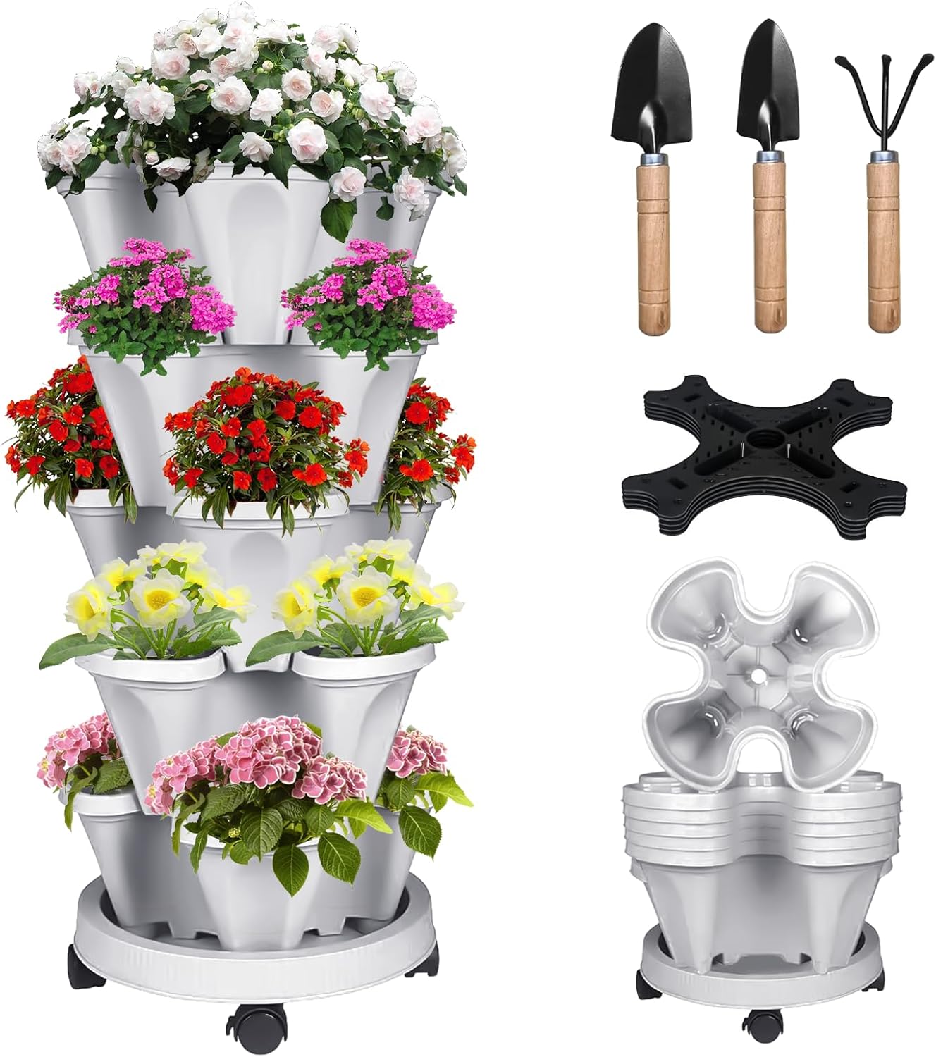 Vertical Strawberry Planter 5 Tier Stackable Tower Herb Planters-Stacking Garden Outdoor Planter Pot with Tools Mover for Succulents, Vegetables and Flowers