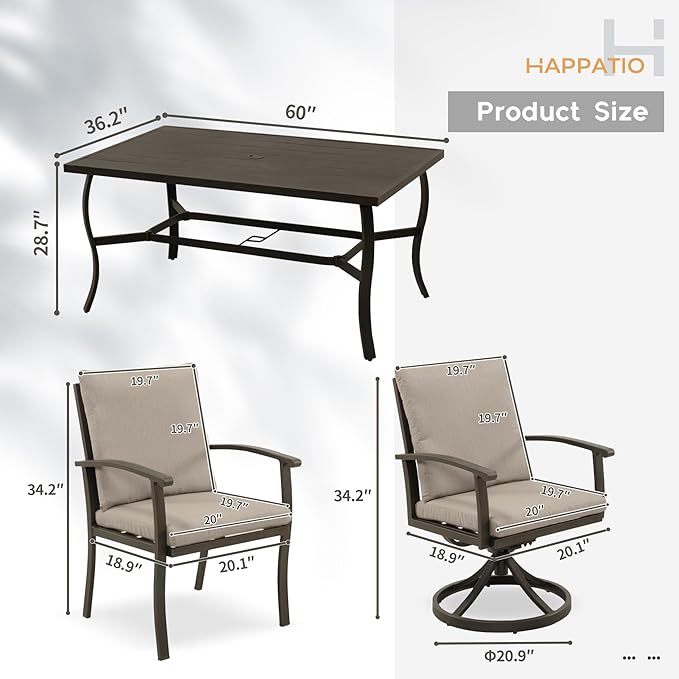 HAPPATIO 7 Piece Patio Dining Set, Aluminum Outdoor Dining Set for 6, Patio Furniture Sets, 2 Swivel Dining Chairs, 4 Dining Chairs, Aluminum Furniture Set for Patio, Yard (Black)