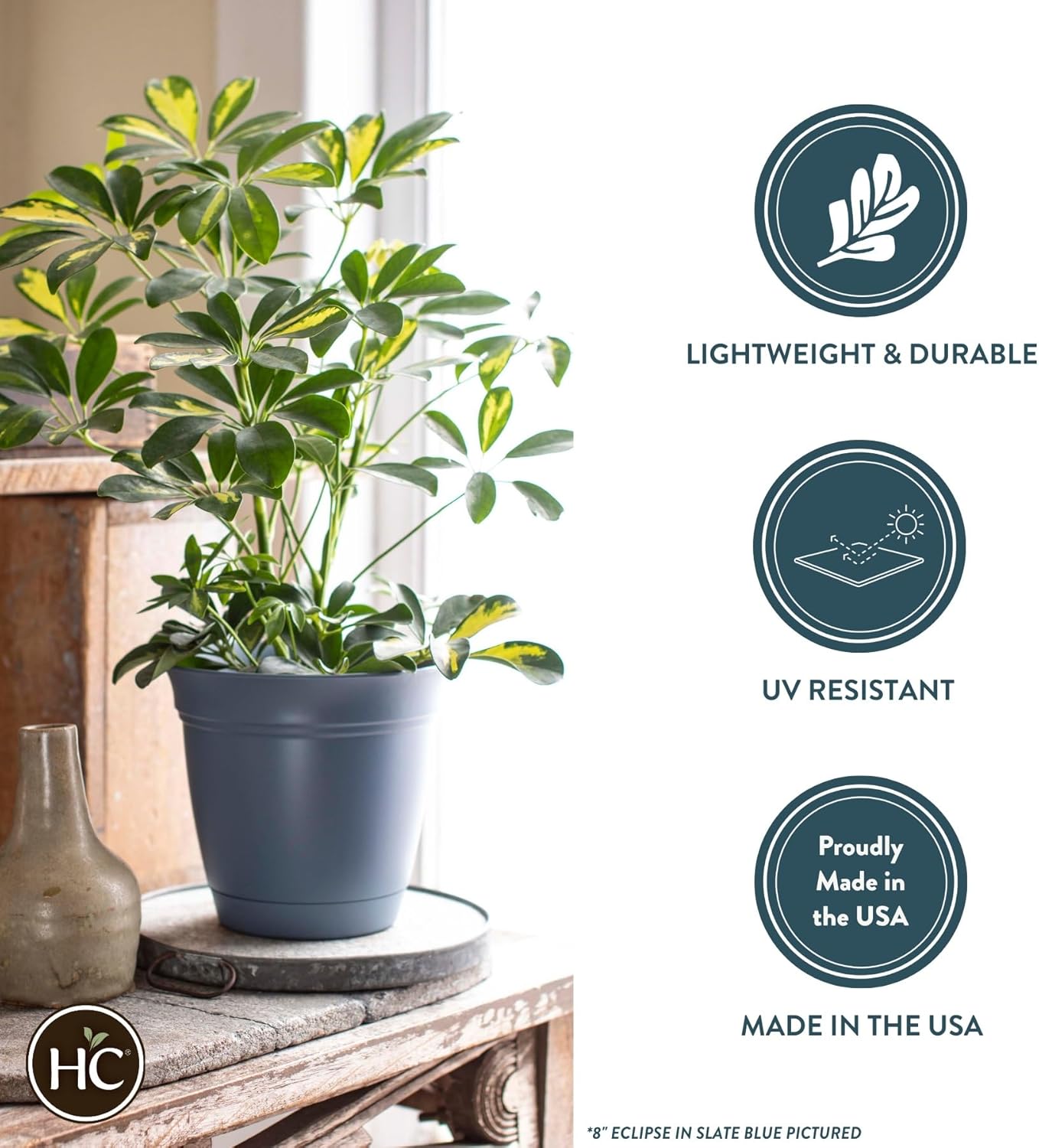 The HC Companies Eclipse Round Planter with Saucer - Outdoor & Indoor Plant Pot with Drainage Holes - Lightweight, UV-Resistant Plastic Pots for Plants, Flowers & Herbs (6” Cottage Stone, Pack of 1)