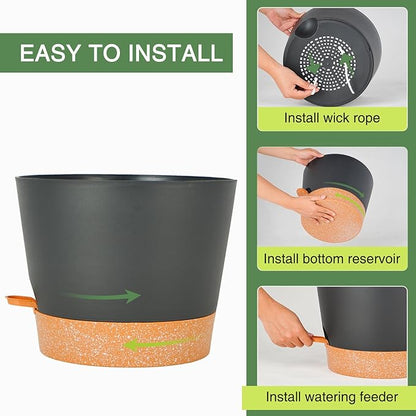 12inch Large Self Watering Plant Pot, Plastic Cylinder Planter with 60Oz Deep Reservoir and Saucer for Indoor Outdoor Plants Flowers Houseplants, Black with Brown