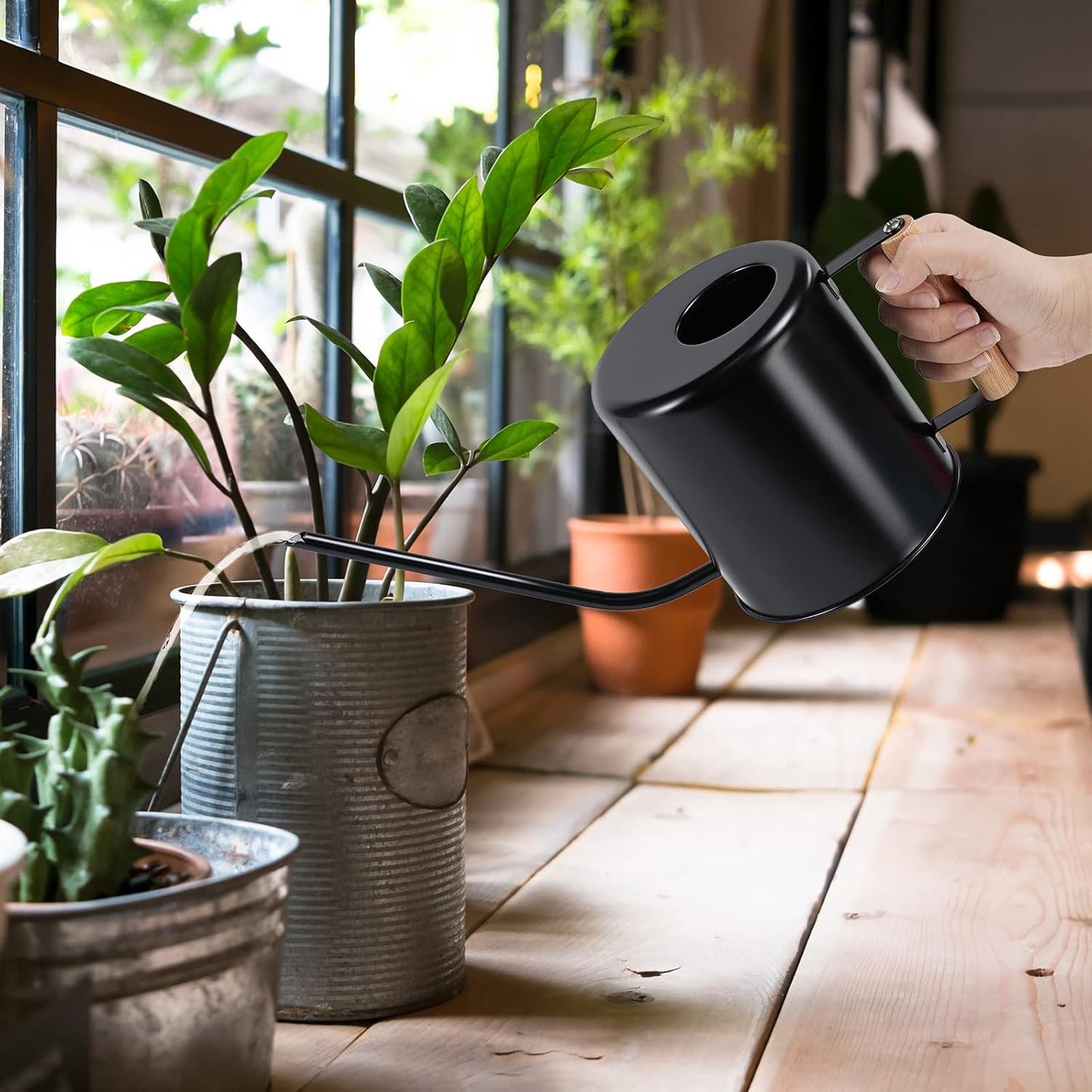 1.5 Liter Black Watering Can for Indoor Plants, House Plants, Flower Watering, Outdoor Plants - Small Metal Watering Can with Long Spout