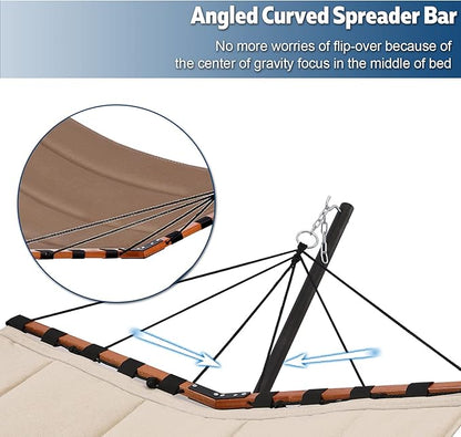 TegerDeger 12FT 2 Person Hammock with Stand Included 55 x 79IN Large Hammock 450LB Capacity with Hardwood Spreader Bar & Nylon Rope for Outside, Patio, Garden, Backyard, Beach, Poolside - Brown
