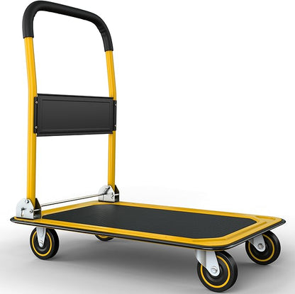 Heavy Duty Foldable Push Cart Dolly | 660 lbs. Capacity | Upgraded Collapsible Hand Truck Folding Platform with Swivel Wheels | Flat Bed Moving Wagon | Space Saving Push Handle (Yellow)