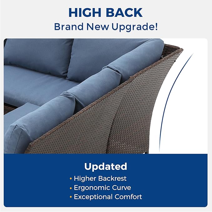 Wisteria Lane Outdoor Patio Furniture Set, 7 Piece Outdoor Dining Sectional Sofa with Dining Table and Chair, All Weather Wicker Conversation Set with Ottoman,Blue