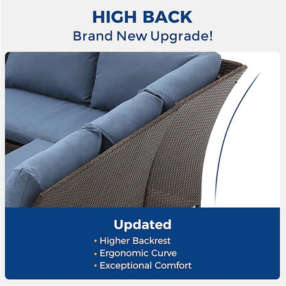 Wisteria Lane Outdoor Patio Furniture Set, 7 Piece Outdoor Dining Sectional Sofa with Dining Table and Chair, All Weather Wicker Conversation Set with Ottoman,Blue