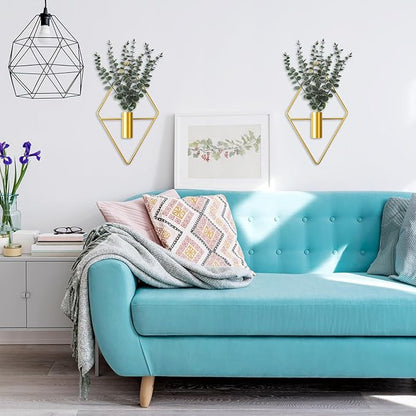 Jexine Hanging Planters with Artificial Eucalyptus Metal Hanging Vase Indoor Plants Holder Modern Geometric Boho Bathroom Wall Decor for Living Room Home Office(Gold,4 Pcs)