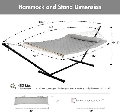ANOW Double Rope Hammock with Stand 12FT, Heavy Duty Hammock with Polyester Pillow and Pad, 450 LBS Weight Capacity, Light Grey