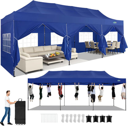 COBIZI 10x30 Pop up Canopy Heavy Duty with 8 Sidewalls, Easy Set-up Commercial Outdoor Party, 100% Waterproof Wedding Canopy Gazebo, 3 Height Adjustable with Wheeled Bag, Dark Blue