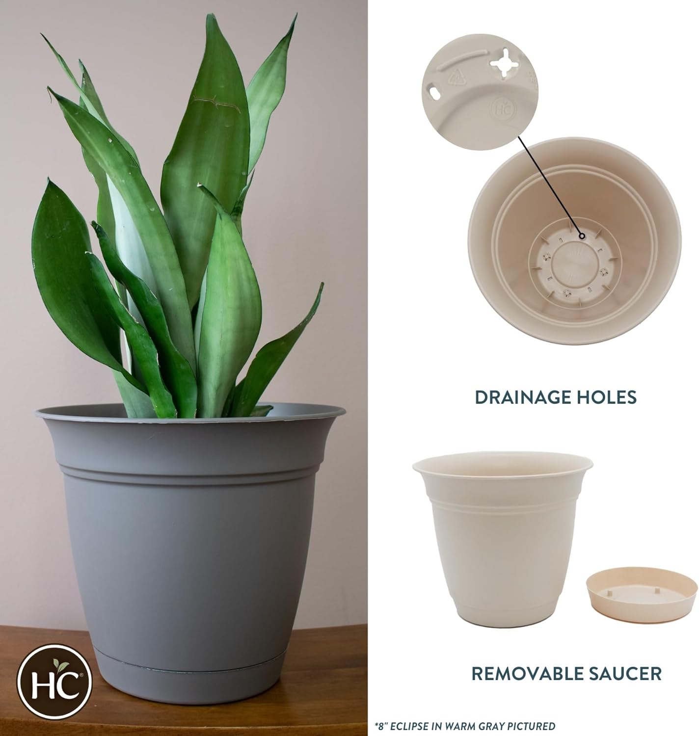 The HC Companies Eclipse Round Planter with Saucer - Outdoor & Indoor Plant Pot with Drainage Holes - Lightweight, UV-Resistant Plastic Pots for Plants, Flowers & Herbs (16" Cottage Stone, Pack of 1)