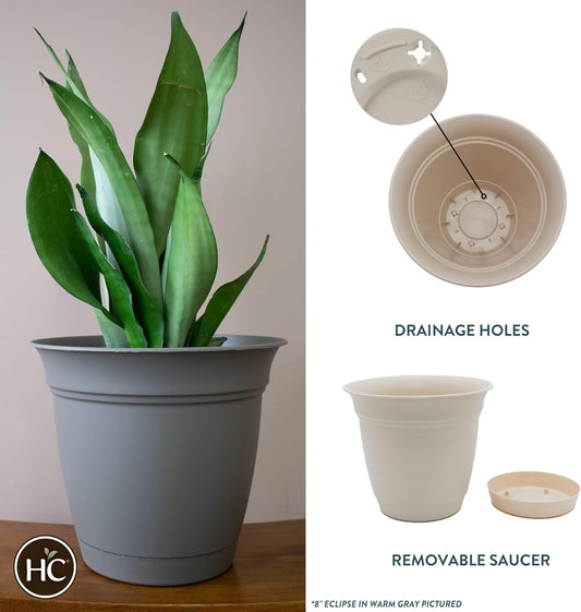 The HC Companies Eclipse Round Planter with Saucer - Outdoor & Indoor Plant Pot with Drainage Holes - Lightweight, UV-Resistant Plastic Pots for Plants, Flowers & Herbs (16" Cottage Stone, Pack of 1)