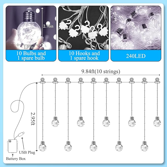 LitHome Christmas Wishing Ball Curtain Lights, 240 LED Fairy Lights Curtain with Remote, Battery Powered USB Globe Hanging String Light Silver Wire for Bedroom Windows Indoor Diwali Decoration (White)