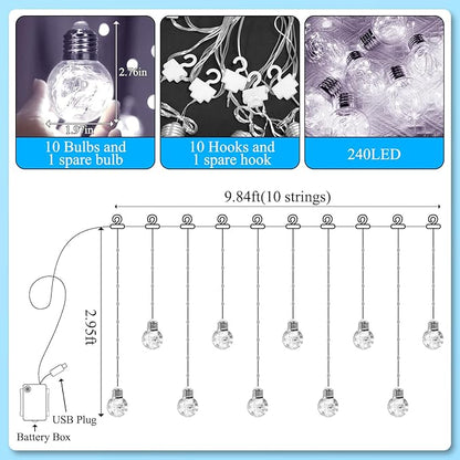 LitHome Christmas Wishing Ball Curtain Lights, 240 LED Fairy Lights Curtain with Remote, Battery Powered USB Globe Hanging String Light Silver Wire for Bedroom Windows Indoor Diwali Decoration (White)