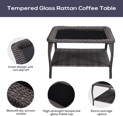 Outdoor Furniture Sectional Sofa L Shaped Couch - Patio Wicker Set with Coffee Table, 3 Piece Rattan Patio Conversation Sets with Gray Cushion for Deck Backyard Sunroom