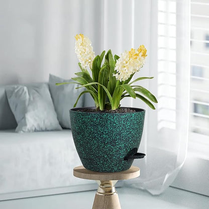 12 inch Large Self Watering Pots for Indoor Outdoor Plants, Flower Plant Pots with Mesh Drainage Holes for Garden House Plants, Plastic Planters for Home, Black with Green Speckles