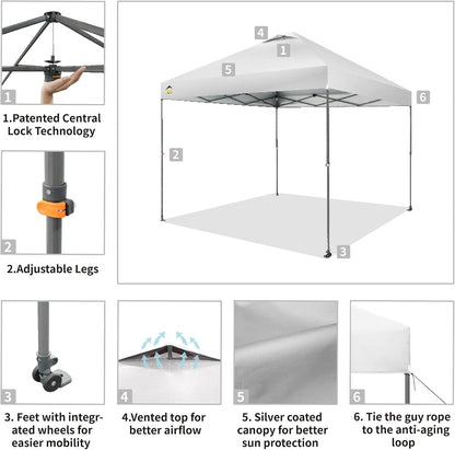 CROWN SHADES Adjustable Height on The Fly, 10x10 Pop Up Canopy - Beach Tent with One Push Setup - Easy Outdoor Sun Shade for Events, Parties, Camping - Outside Shade with STO-N-Go Bag, White