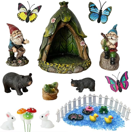 BangBangDa Outdoor Miniature Gnome Garden Kit- Fairy Houses Village Accessories Set Fishing Gnome Figurines Statue Patio Cake Topper Decor for Boy Girl Mother Girlfriend Birthday Gifts