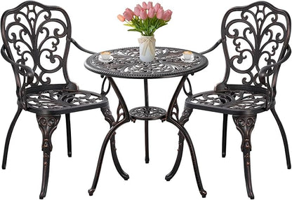 Bistro Set 3 Piece Outdoor Bistro Table and Chair Set of 2 Cast Aluminum Patio Furniture with Umbrella Hole,Patio Bistro Table Sets for Garden,Yard(Brown)