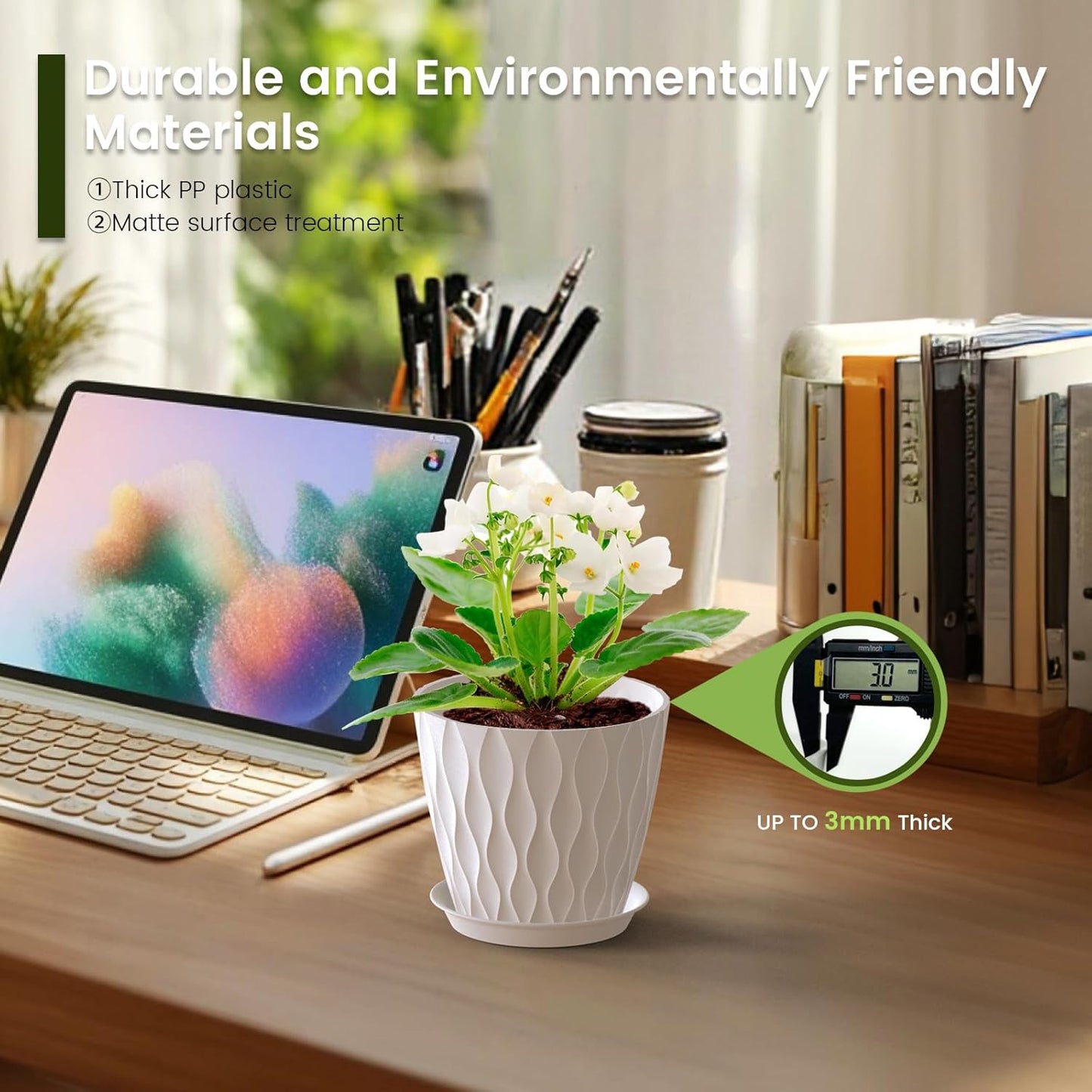 5 inch Plant Pots for Indoor Outdoor Plants, 6 Pack Thick Nursery Pots with Drainage Holes and Saucers, 3D Modern Wave Texture Small Plastic Planter Flower Pots for Succulent, Herb, White