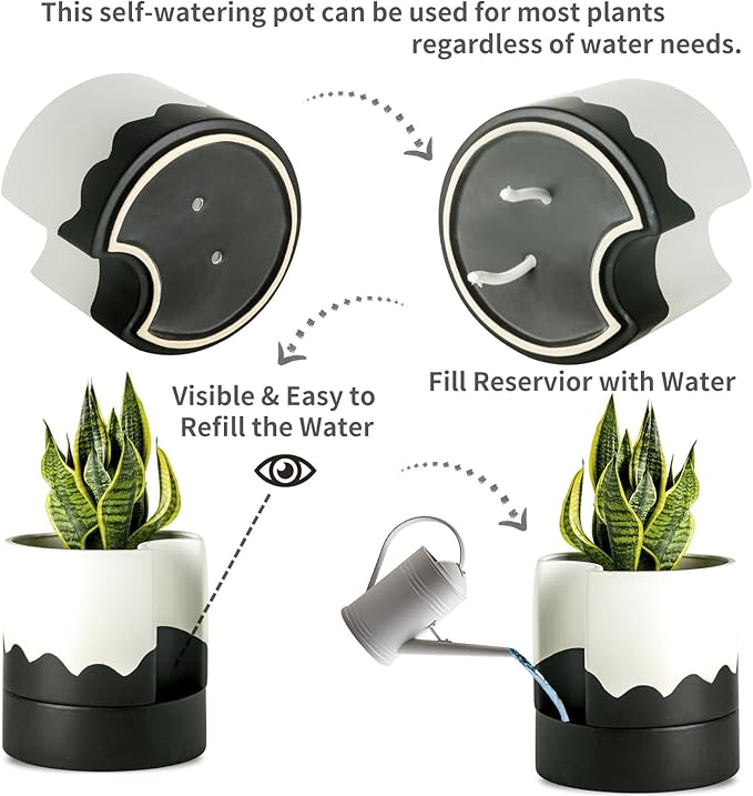 Nihow Self Watering Plant Pot: 8 Inch Ceramic Planter with Drainage Hole & Water Storage Plus for Indoor & Outdoor Plants - Cylinder Round Flower Pot for Succulent/Herbs/Violets - White & Wave Black
