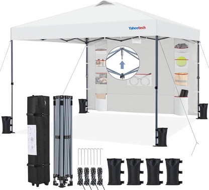 Yaheetech 8x8 Pop-up Canopy Tent w/Removable Pockets Sidewall for Extra Storage, Outdoor Sun Shelter Waterproof & Durable w/Wheeled Bag, Sandbags & Guylines for Beach Camping Party (White)