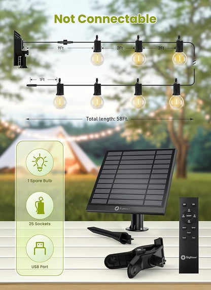 Brightown 58FT Solar String Lights Outdoor with Remote Cable Ties and Hooks, Commercial Grade Patio Lights with 26 LED Shatterproof Bulbs, 3 Light Modes Hanging Light for Backyard Party Decor