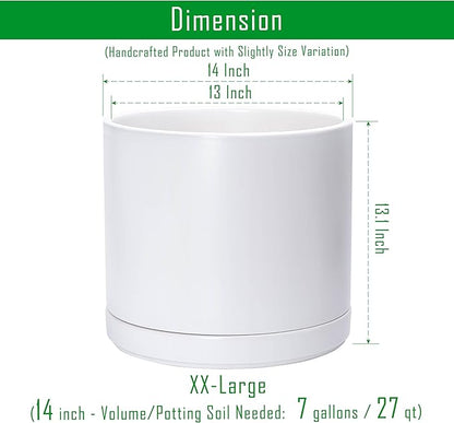 D'vine Dev 14 Inch Ceramic Planter Pot with Drainage Hole and Saucer, Indoor Cylinder Round Planter Pot, White, 94-O-G-1