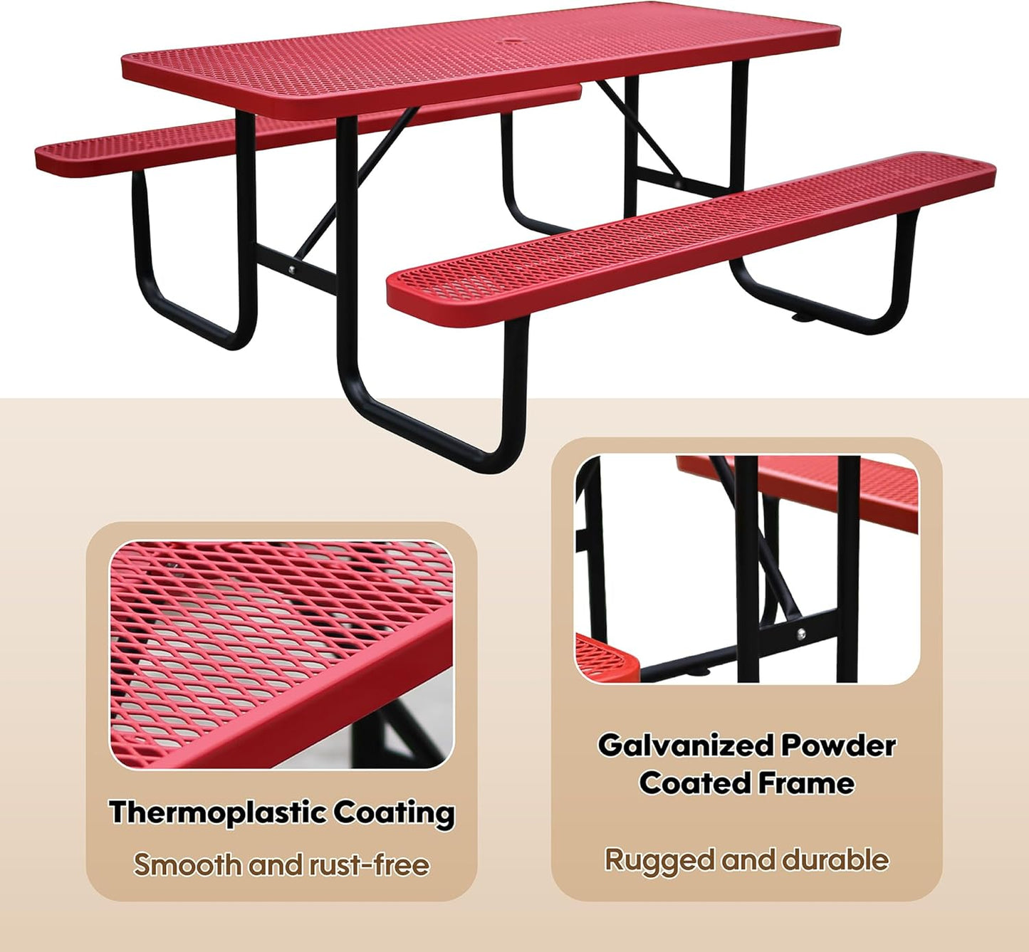 6FT Metal Picnic Tables for Outdoors, Commercial Rectangular Picnic Table and Bench Set for Outside, Patio, Garden, Backyard, Porch, Surface Mount, Red