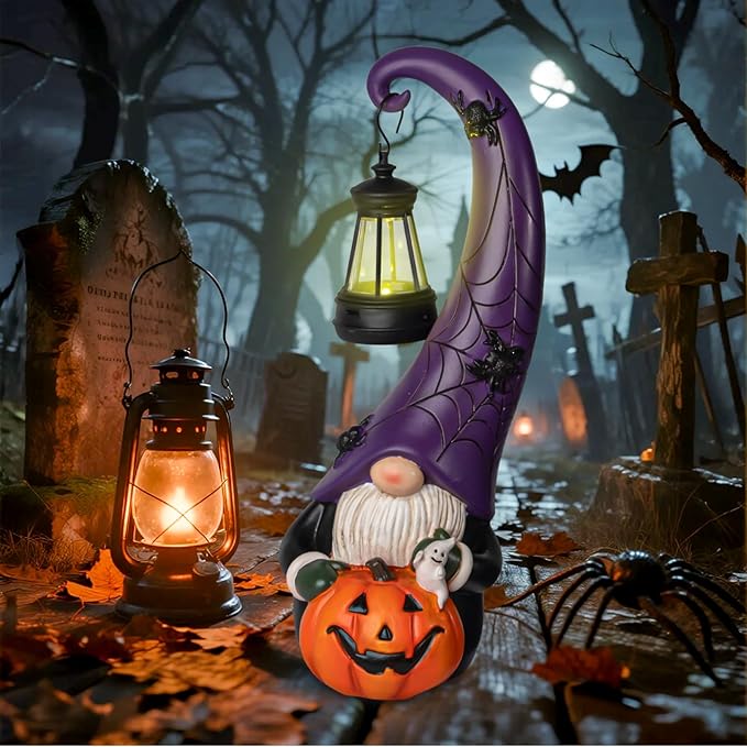 Halloween Decorations Garden Gnomes Statue Holding Pumpkins Decor Funny Gnome Figurines with Solar Light Halloween Party Decorations for Garden Porch Yard Lawn