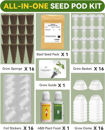 Hydroponics Seed Pod with Genovese Basil & Purple Basil, 16 Pods Complete Kit with Sponge, Basket, Dome, Label, Compatible with AeroGarden, Ahopegarden, GARDENCUBE, iDoo & MUFGA Indoor Smart Gardens