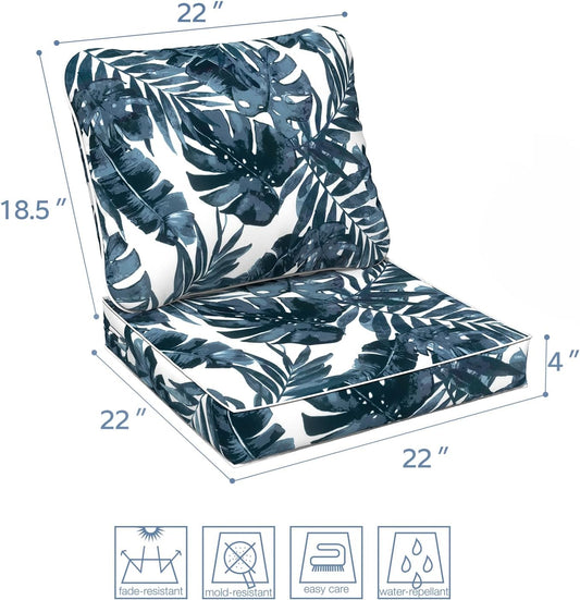 LVTXIII Outdoor Deep Seat Cushion Patio Seat and Back Cushion Set Seasonal Chair Cushion with Removable Cover and Adjustable Buckle for Home and Garden, 22"x22"x4", Palms Blue