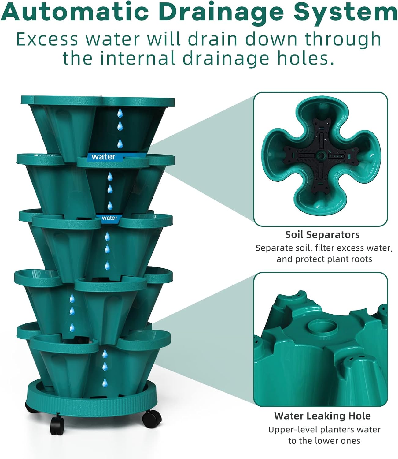 Strawberry Vertical Planters Tower Garden, 7 Tiered Stacking Herb Vegetable Planter with Support Pole Indoor and Outdoor - Hunter Green