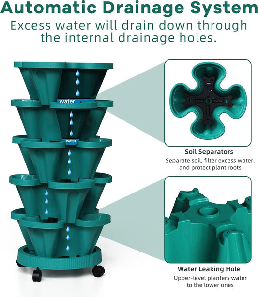 Strawberry Vertical Planters Tower Garden, 7 Tiered Stacking Herb Vegetable Planter with Support Pole Indoor and Outdoor - Hunter Green