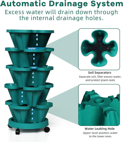 Strawberry Vertical Planters Tower Garden, 6 Tiered Stacking Planter with Support Pole, Stackable Herb Vegetable Planters Indoor and Outdoor