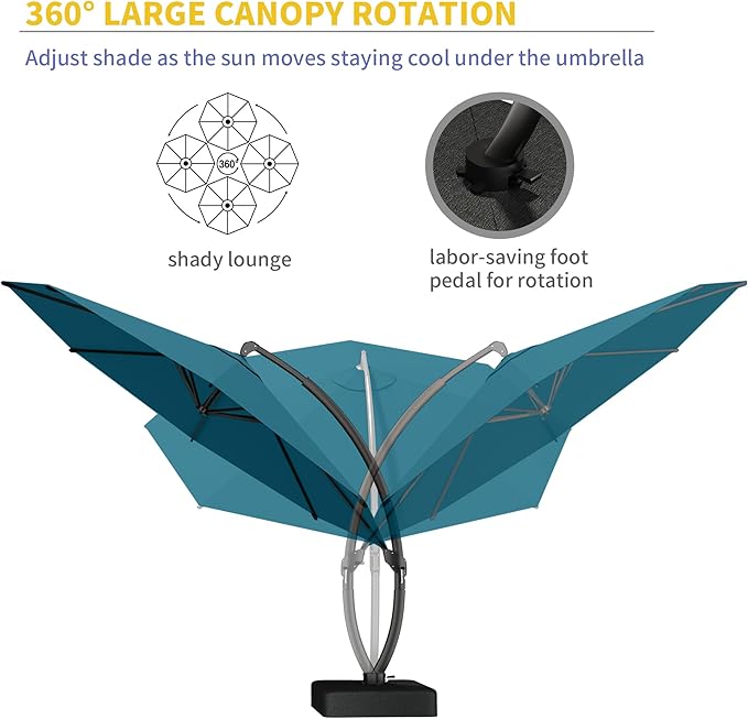 Kingdura 11ft Offset Cantilever Patio Umbrella with Base Included, Large Round Aluminum Outdoor Umbrella, 360° Rotation & Infinite Tilt, Heavy Duty Frame for Deck Pool Backyard, Lake Blue