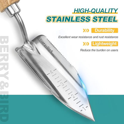 Berry&Bird Potting Trowel, Stainless Steel Serrated Hand Shovel, Wood Handle Garden Trowel Tool with Measuring Scale for Effortless Digging,Roots，Planting, Cutting and Transplanting