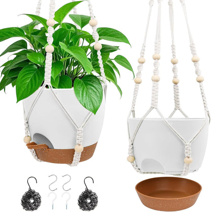 Hanging Planters for Indoor Outdoor Plants, 2 Pack Self Watering Hanging Pot with Drainage Holes, Removable Tray & 2 Kinds of Plant Hangers, 8'' Hanging Flower Pots for Home Garden Decor, White