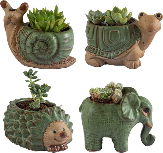 Small Succulent Pots with Drainage, Indoor/Outdoor Ceramic Animal Planter, Cute Cactus/Bonsai Small Flower Pots for Home Decor and Office Desk Decoration, A Set of 4 Pieces is Suitable as A Gift