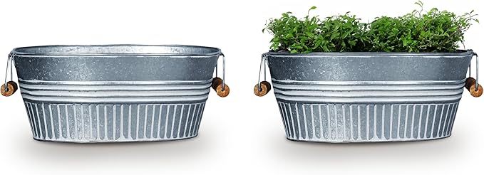 Headwind Vintage Collection 14-Inch White Wash Oval Galvanized Tub with Handles – Metal Wash Basin Planter - Galvanized Metal Tub for Indoor & Outdoor Use by Robert Allen