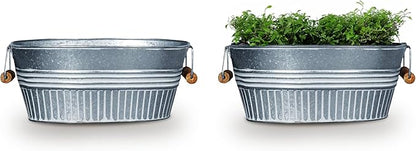 Headwind Vintage Collection 14-Inch White Wash Oval Galvanized Tub with Handles – Metal Wash Basin Planter - Galvanized Metal Tub for Indoor & Outdoor Use by Robert Allen