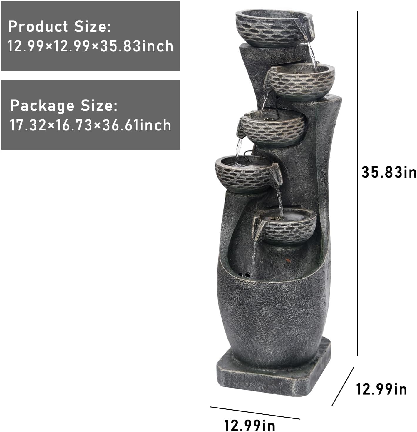 35.83''H Indoor Outdoor Modern Water Fountain 6-Tiers Garden Cascading Fountains Curve Shape Floor Standing Waterfall Water Feature with LED Light for Yard Deck Patio Home Art Decor